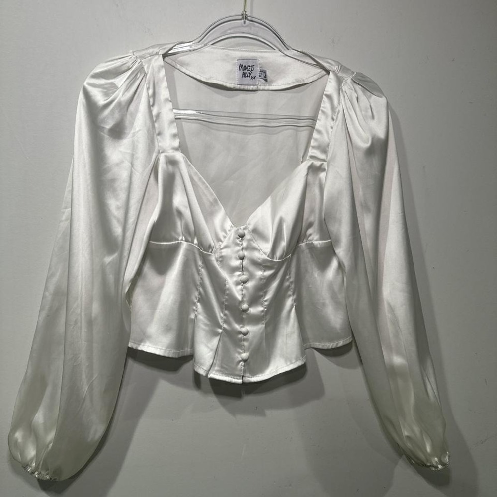 Vintage white satiny corset top SMALL with puffy‎ sleeves